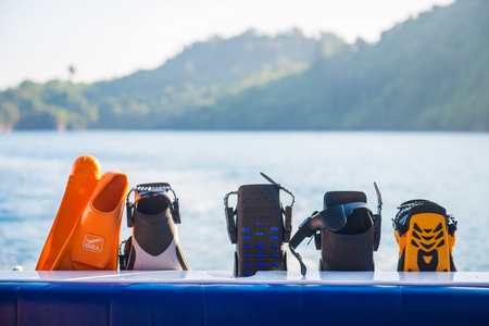 Various flippers prepared for diving, diver underwater equipmentの写真素材