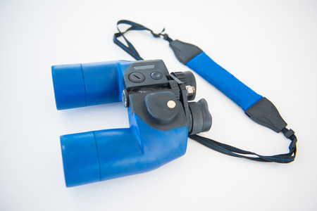 Blue binoculars is accessory for travel, optical instrumentの写真素材