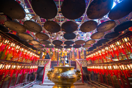 Central, Hong Kong - January 12, 2018 :Incense Coils and lantern is decorated inside of the Man Mo Temple in Sheung Wan, Hong Kongのeditorial素材