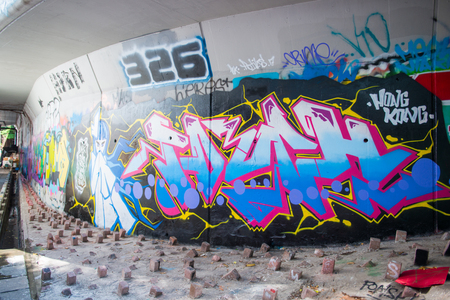 Mongkok graffiti wall of fame is located not far from Argyle street at Mong Kok, Hong Kongのeditorial素材