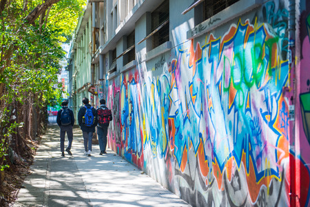 Mongkok graffiti wall of fame is located not far from Argyle street at Mong Kok, Hong Kongの写真素材