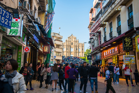 Macau - January 15, 2018 :Ruins facade of St.Paul's Cathedral in Macau, historic architecture as...