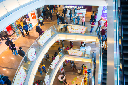Hong Kong - January 14, 2018 :Moving staircases inside of  the Victoria Peak Tower shopping center,...