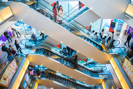 Hong Kong - January 14, 2018 :Moving staircases inside of  the Victoria Peak Tower shopping center,...