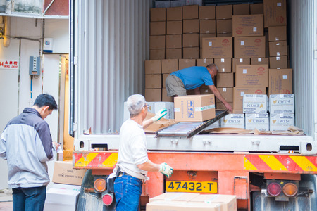 Hong Kong - January 10,2018 :Delivery truck to deliver products to stores at Wing Lok street in the Sheung Wan district, Hong Kong