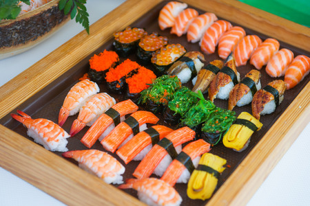 Sushi set on tray ready for eat , Japanese foodの写真素材