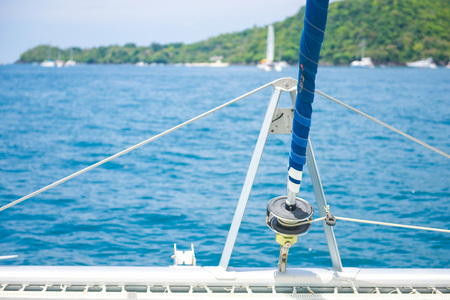 Luxury travel on catamaran sailing, relaxation space on deckの写真素材