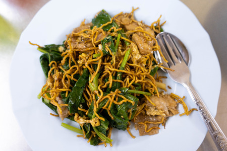 Fried crispy noodles with pork and vegetable, foodの写真素材