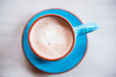 Hot chocolate in blue cup, drink
