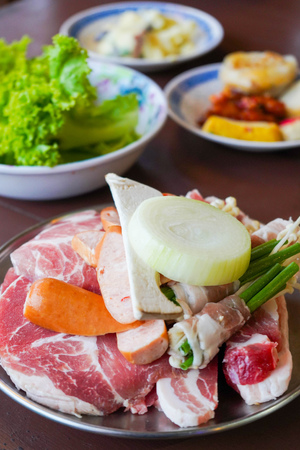 Meat and vegetable ready to grill, korean barbequeの写真素材