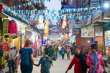 Kathmandu, Nepal - April 19, 2018 :Souvenir shop for sell in Thamel street at Kathmandu town, Nepalのeditorial素材