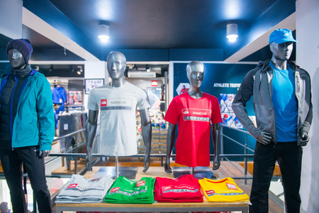 Kathmandu, Nepal - April 19, 2018 :Wear and trekking equipment for sell in Thamel street at Kathmandu, Nepalのeditorial素材