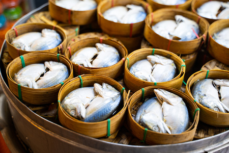 Thai mackerel in basket for sell,Pla Thuの写真素材
