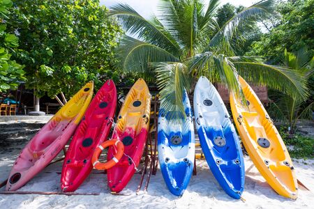 colorful kayak for rent at the beach,kayakの写真素材