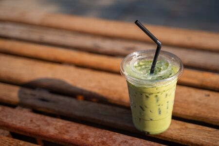 iced green tea in plastic glass, beverageの写真素材