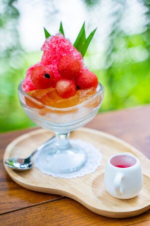 shaved iced with red syrup and watermelon,sweetの写真素材