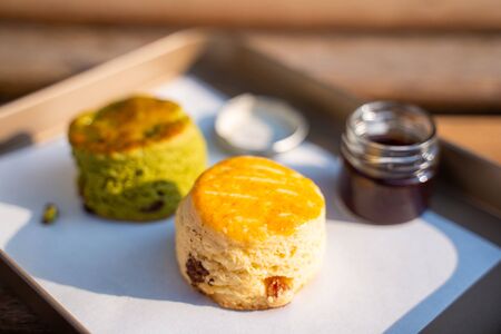 scone fresh from oven with jam,bakeryの写真素材