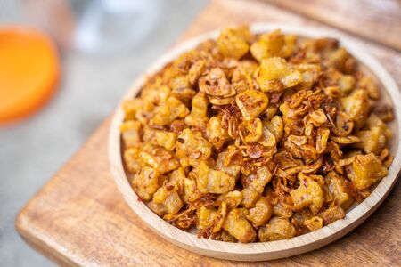 spicy crispy pork crackling food for eat,pork rindの写真素材