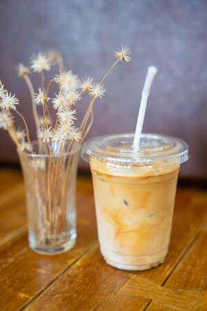 latte coffee in plastic glass,coffeeの写真素材