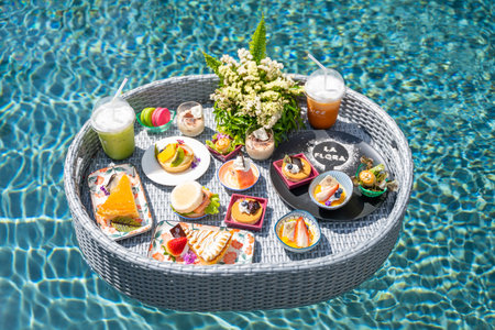 luxury floating breakfast eat in swimming pool,floating breakfastの写真素材