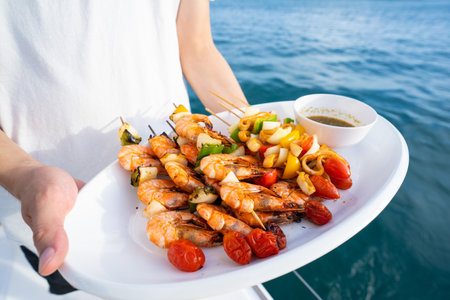 grill shrimp barbecue and seafood sauce,barbecueの写真素材