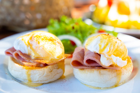 egg benedict for breakfast in hotel,egg benedictの写真素材