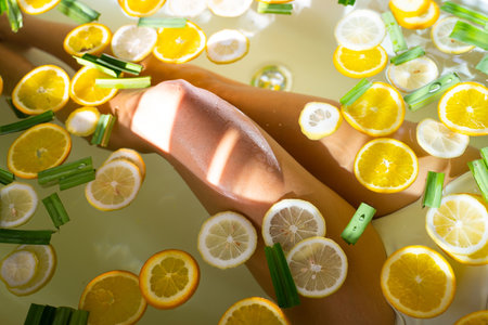 shower in warm water with lemon and Yuzu Orange,bathtubの写真素材