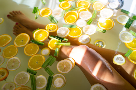 shower in warm water with lemon and Yuzu Orange,bathtubの写真素材