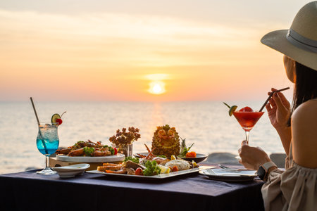 have romantic dinner at sunset time,dinnerの写真素材
