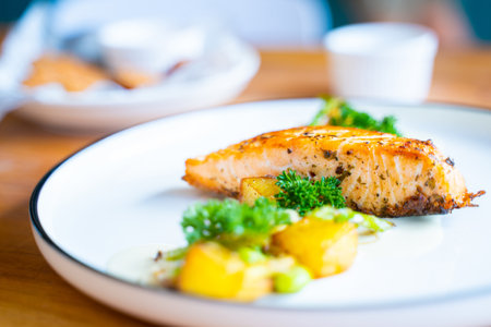 grill salmon steak with salt,steakの写真素材