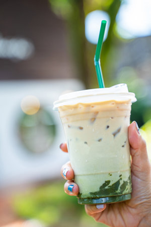 iced coffee mixed with green tea,drinkの写真素材