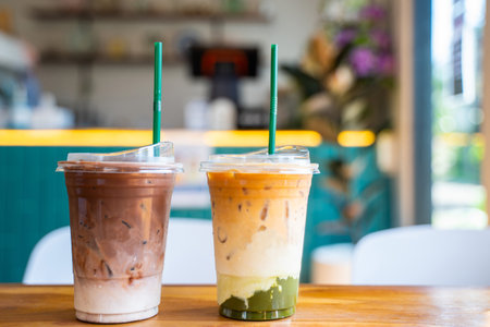 iced coffee and iced green tae,coffeeの写真素材
