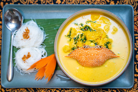 crab meat in thai yellow curry with rice noodles,Thai foodの写真素材