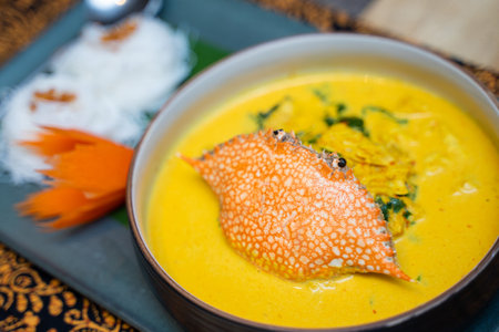 crab meat in thai yellow curry with rice noodles,Thai foodの写真素材