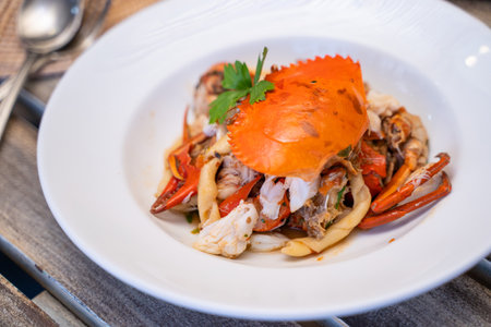 Black Crab Fusilli with Marjoram,Italian foodの写真素材