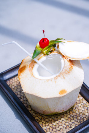 sweet coconut water serve in restaurant,coconutの写真素材
