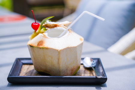 sweet coconut water serve in restaurant,coconut