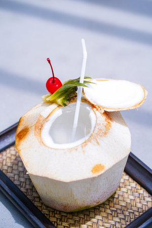 sweet coconut water serve in restaurant,coconutの写真素材