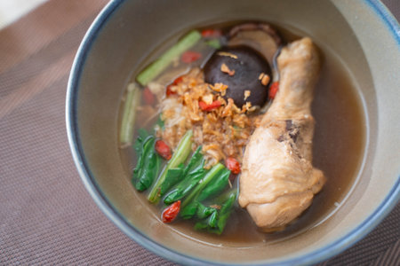 Braised chicken noodles soup serve with vegetable,noodle