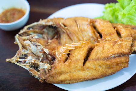 deep fried fish serve with fish sauce,fried fishの写真素材