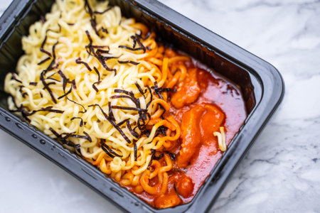 korean instant noodle with spicy sauce and chicken,noodle