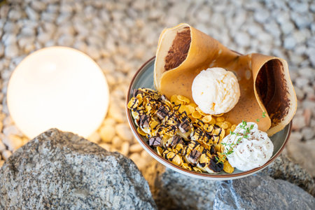 chocolate crepe serve with ice cream and cereal,crepeの写真素材