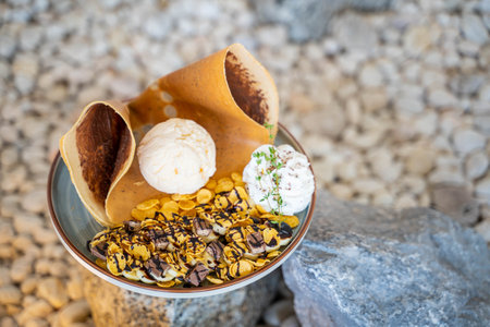 chocolate crepe serve with ice cream and cereal,crepeの写真素材