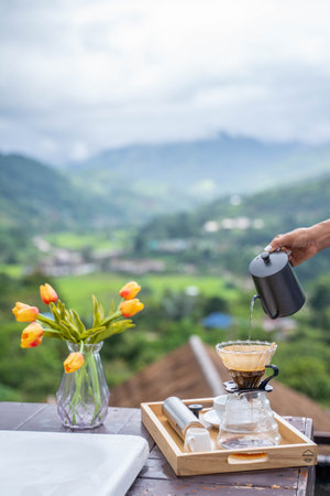 drip coffee in the morning with beautiful view,coffeeの写真素材