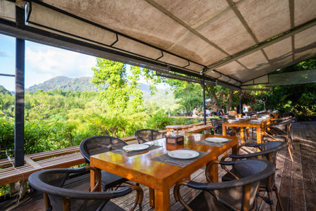 dining table set in restaurant with mountain view,tableの写真素材