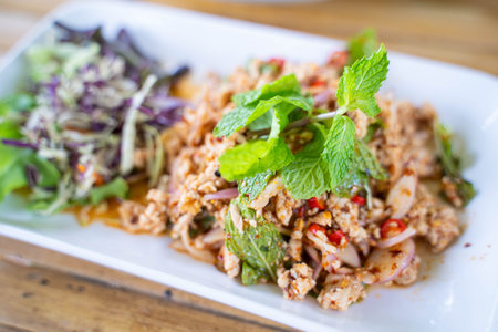 Spicy minced pork salad Isaan food,diningの写真素材