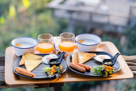 american breakfast serve with boiled rice,breakfastの写真素材