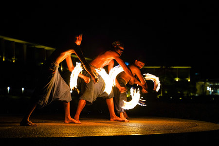 11 July 2020 Phang-nga:the fire performance show at hotel,fire batonのeditorial素材