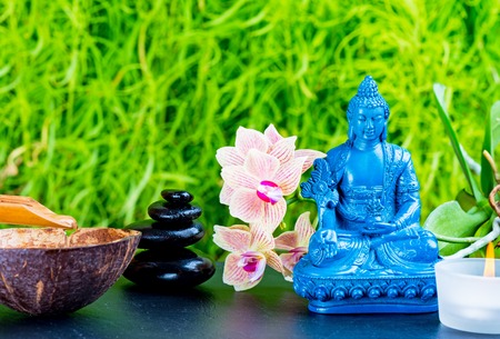Zen garden background with Medicine Buddha, orchid flower and zen stones
