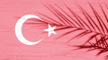 Turkey flag and shadow of palm branch on white wooden surfaceの写真素材